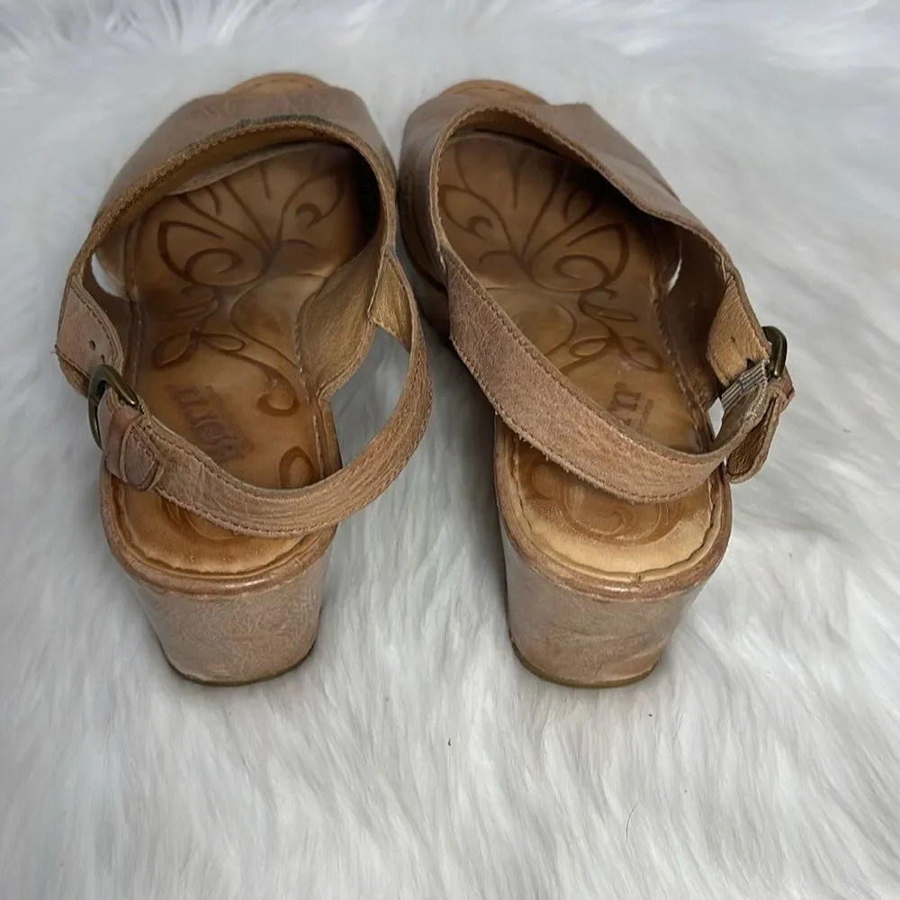 Born Tanera‎ Tan Leather  Platform Wedge Slingback Sandals Sz 9